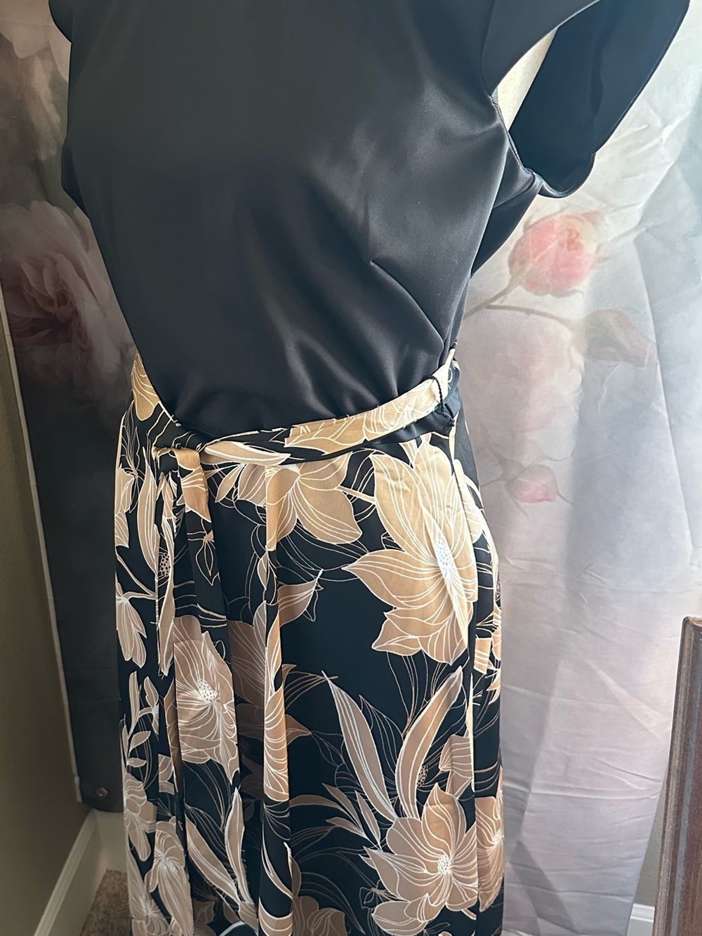 Women's Black Maxi Dress with Beige Floral Print and Tie Waist